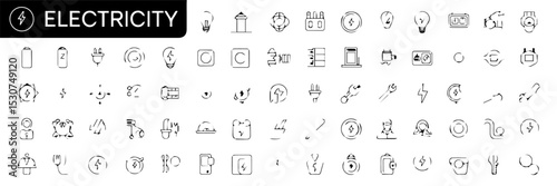 Extensive set of editable stroke line icons illustrating electricity-related concepts, including batteries, light bulbs, plugs, circuits, energy sources, and safety symbols, on a white background.