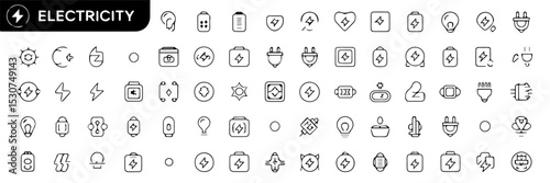 Extensive set of editable stroke line icons illustrating electricity-related concepts, including batteries, light bulbs, plugs, circuits, energy sources, and safety symbols, on a white background.