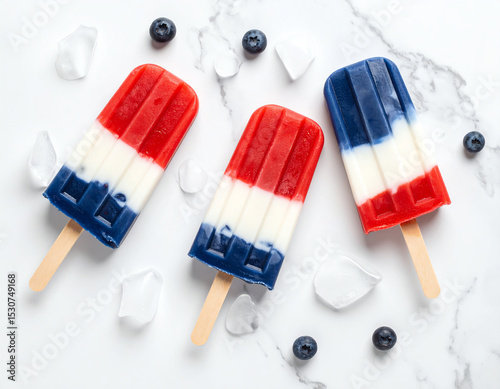 Colorful red, white, and blue popsicles on marble with blueberries and ice.