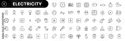 Extensive set of editable stroke line icons illustrating electricity-related concepts, including batteries, light bulbs, plugs, circuits, energy sources, and safety symbols, on a white background.