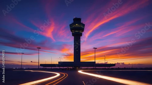 Airport control tower with glowing light trails under vibrant purple and orange sunset sky with wispy clouds and silhouettes of lampposts

