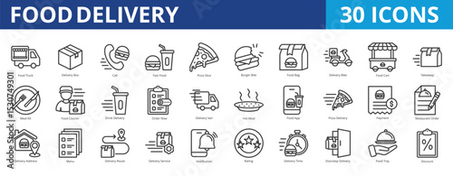 Food delivery icon pack collection set for on demand food service apps. With restaurant, order, doorstep, courier, route, notification, cart, box, call, fast food, pizza slice, and burger bite icon