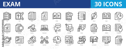 Exam icon pack collection set for education, learning, test and evaluation. With quiz, study, lesson, practice, evaluation, assessment, examination, audit, compliance, task, and survey icon