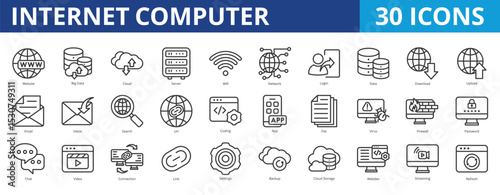 Internet computer icon pack collection set for network connection technology. With website, big data, cloud, server, wifi,firewall, authentication, cybersecurity, seo, peer to peer, and wireless icon