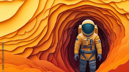 Paper art style vector illustration: an astronaut against a cosmic backdrop.
 