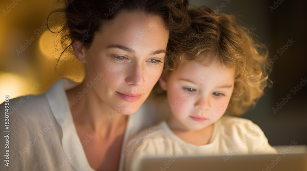 Mother working from home with daughter using a tablet at a cozy desk Mother working from home with daughter using a tablet at a cozy desk