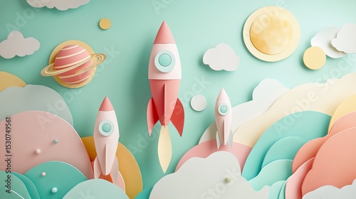 Pastel-toned vector illustration of paper rockets and a solar system.
 