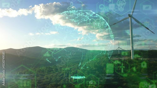 Alternative Energy. Wind farm. Aerial view of horizontal-axis wind turbines generating electricity Wind energy. Clean renewable energy technologies. Wind power plants. Animated visualization concept