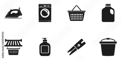 Laundry And Cleaning Tools Silhouette Set. Household Chores And Maintenance Icon Collection. Domestic And Utility Use. Isolated Vector Illustration