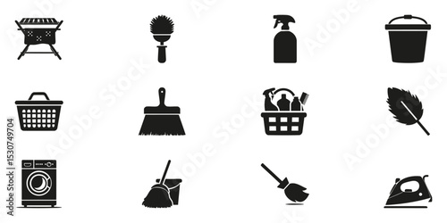 Household Cleaning Tools Silhouette Set. Domestic Chores And Maintenance Icon Collection. Home And Lifestyle Use. Isolated Vector Illustration