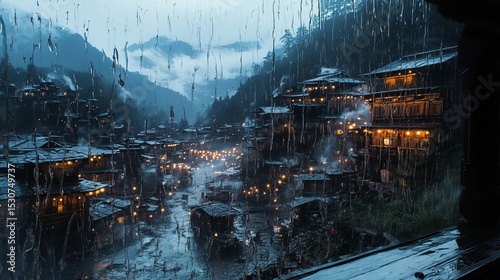 Rain-streaked window reveals a mesmerizing city nightscape.  Blurry lights add a dreamy atmosphere. Ideal for backgrounds, websites, or artistic uses.
 