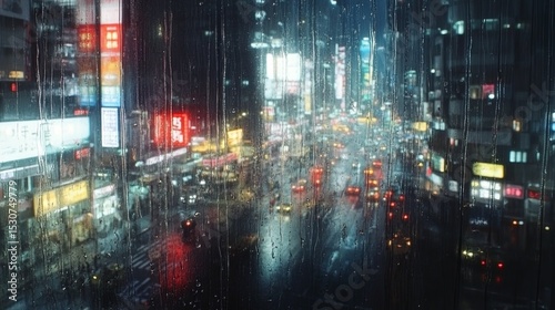 Rain-streaked window reveals a mesmerizing city nightscape.  Blurry lights add a dreamy atmosphere. Ideal for backgrounds, websites, or artistic uses.
 