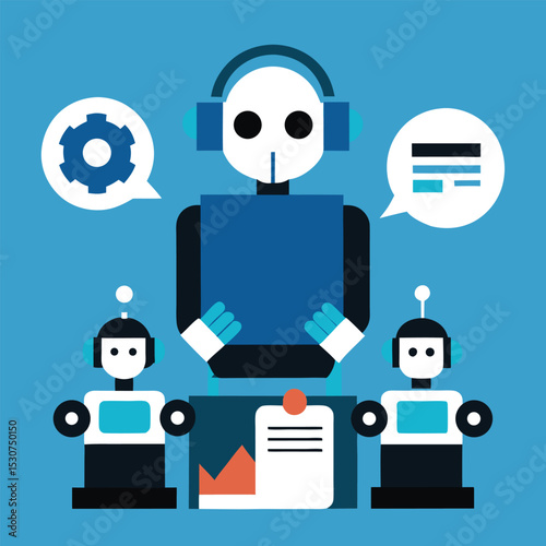 Robotic Process Automation (RPA), with robots performing repetitive tasks in an office setting.