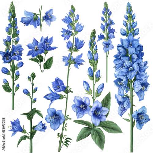 Elegant Blue Gentian Flower Set Isolated On White. Perfect For Wedding Invites And Botanical Art Prints.