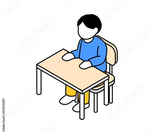 教室で座っている男の子のアイソメイラスト　ベクター
