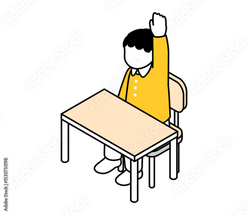 座って挙手をする女の子のアイソメイラスト　ベクター
