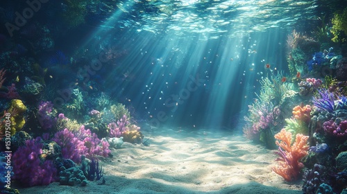 Sunlight streams through the crystal-clear water, revealing a sandy seabed and vibrant coral reefs below.
 