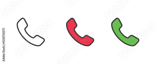 Vector icon set of phone receiver symbols in outline, red, and green colors representing call status indicators for missed calls, outgoing calls, and incoming calls