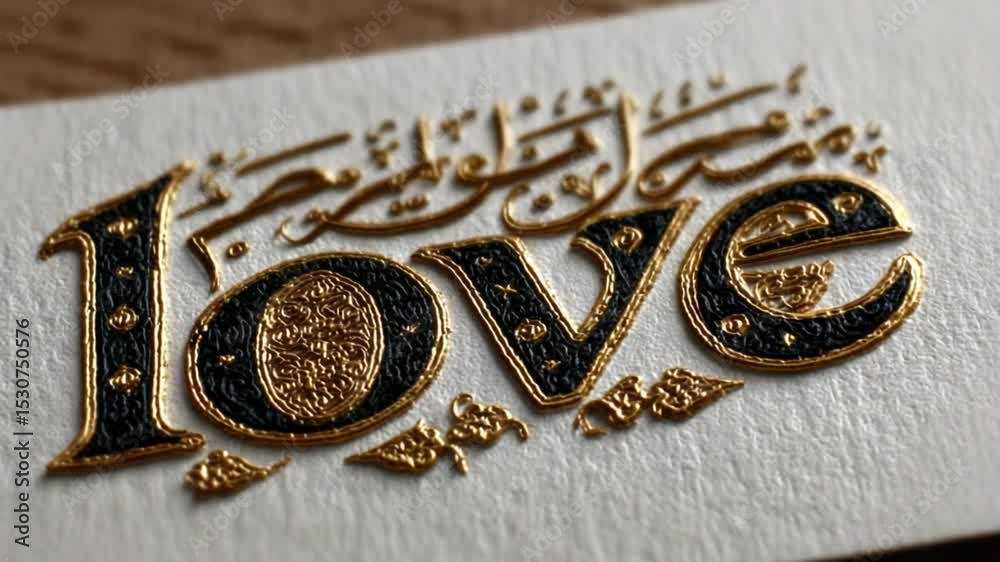 Elegant golden Islamic calligraphy spelling love on textured paper background