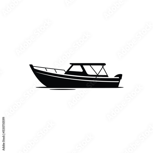 Isolated Black Silhouette of Motorboat with Cabin on White Background, Side View Stock