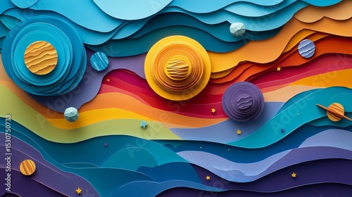 Vector illustration of a solar system, paper art style.
 