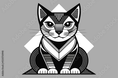 Geometric cat illustration in shades of gray for artistic modern design and decor