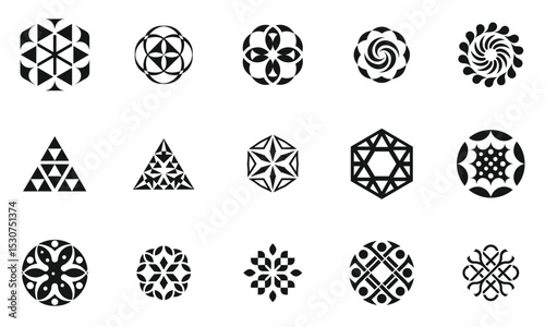 A collection of intricate black and white geometric logos, showcasing a variety of shapes such as circles, triangles, and more. Ideal for design projects.