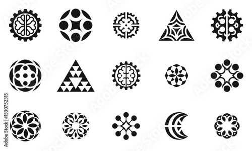 A collection of intricate black and white geometric logos showcasing various designs including circles, triangles, and organic shapes. Perfect for design inspiration.