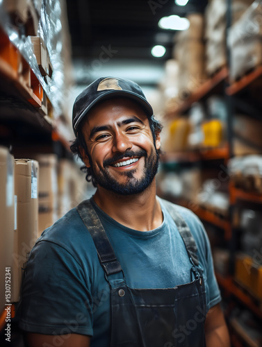 Wallpaper Mural Smiling worker in overalls and cap standing in a warehouse with shelves. Torontodigital.ca