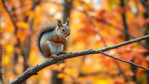 Cute Squirrel on Branch, Autumn Forest Scene