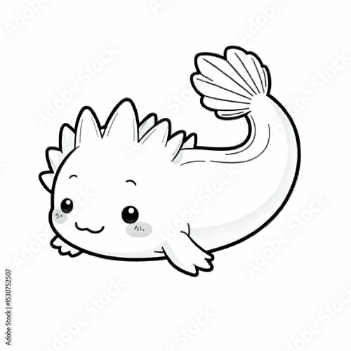 Single vector icon in black and white of a cute axolotl floating with small gills and relaxed posture, clean line art, no background