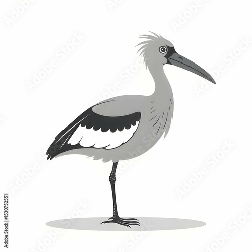 Minimalist black and white vector icon of a shoebill bird standing with its distinct large beak visible, clean line art, exotic bird concept, no background