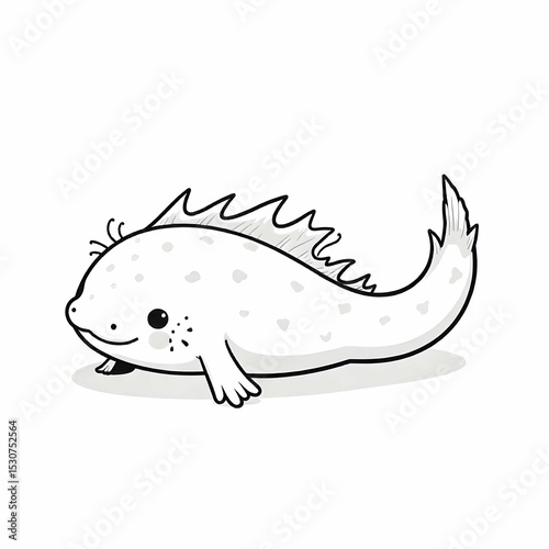 Single vector icon in black and white of a cute axolotl floating with small gills and relaxed posture, clean line art, no background