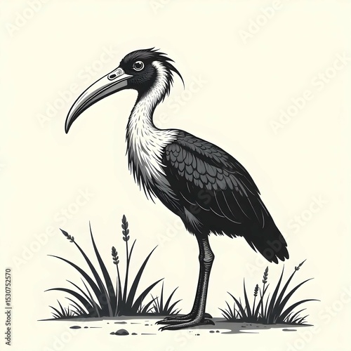 Minimalist black and white vector icon of a shoebill bird standing with its distinct large beak visible, clean line art, exotic bird concept, no background