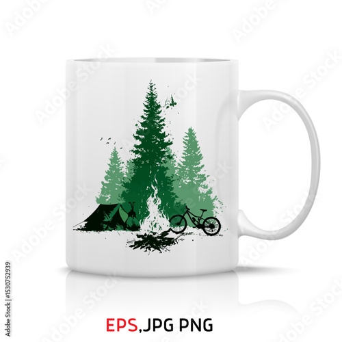 Camping Under Pines – Campfire, Tent & Bicycle Outdoor Adventure Mug & T-Shirt Design for Nature and Forest Lovers