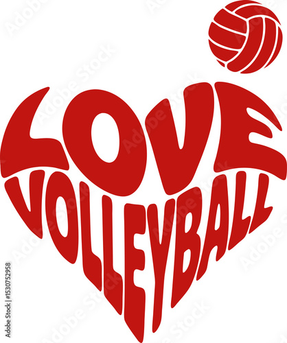 A red heart formed with the words I love volleyball