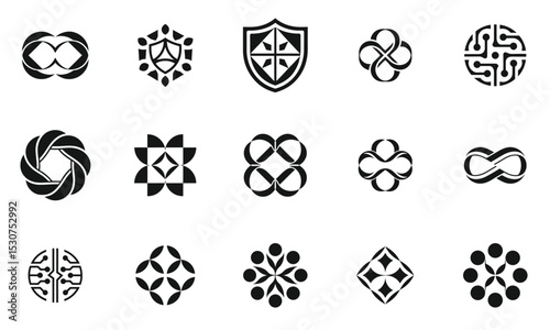A collection of intricate black and white logos featuring various geometric designs, showcasing creativity and modern aesthetics. Perfect for branding or artistic projects.