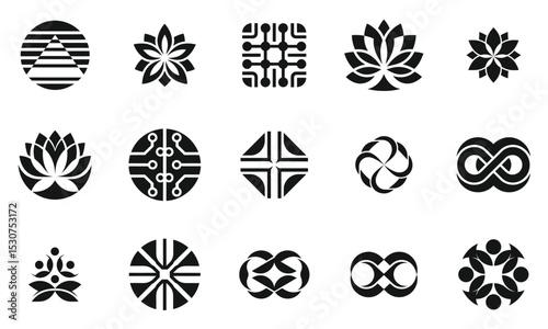 A collection of unique black and white logos showcasing geometric shapes and organic forms, perfect for branding and design inspiration.