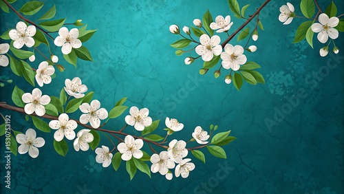 Elegant white cherry blossoms on teal background spring floral design
