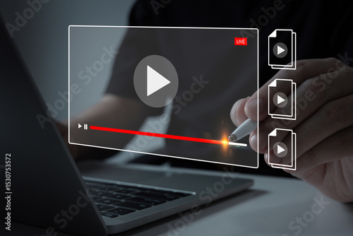 Interactive e-learning with video player interface on laptop computer, showing concept of distance education, online study, virtual classroom, digital learning tools for students or professionals
