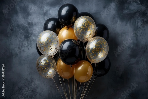 Elegant Black Balloons with Gold Accents on Dark Background