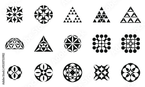 A collection of abstract geometric logos and designs showcasing various shapes including circles, triangles, and floral motifs in black and white.