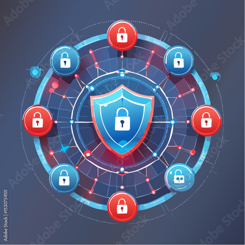 Cybersecurity digital network with locked nodes, data shields, firewall elements, red and blue neon color palette, futuristic UI interface, dark background, advanced tech style-generative AI