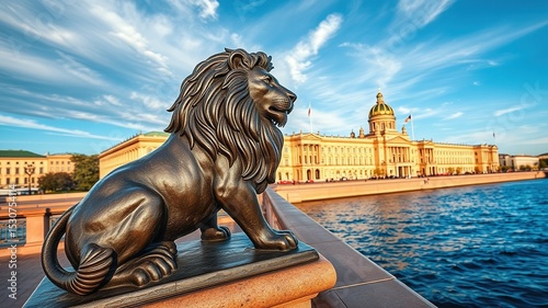 St. Petersburg Lion Waterfront: Admiralty, Kunstkammer & Neva River - AI Photo