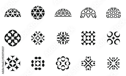 A collection of elegant geometric logos showcasing black and white designs, featuring circles, triangles, and dome shapes that create a visually striking composition.