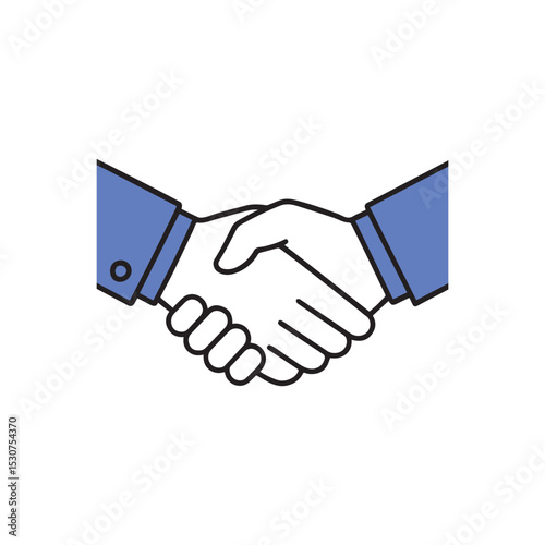 Minimalist vector illustration of a business handshake, symbolizing partnership, agreement, trust, and professional collaboration in corporate environments