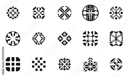 A collection of intricate black-and-white geometric logos showcasing various designs and shapes, perfect for backgrounds or artistic projects.