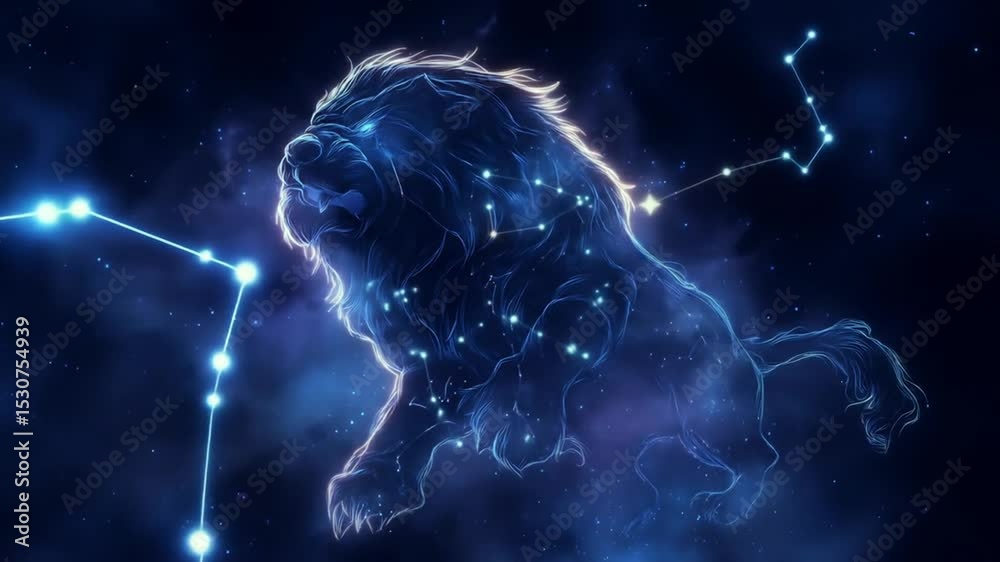 Visualization of leo constellation forming a glowing lion in the night sky.