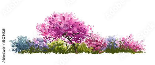 Watercolor tree vector illustration, side view forest or blooming tree, isolated green tree for garden, landscape design, environmental element for architecture drawing, cutout.