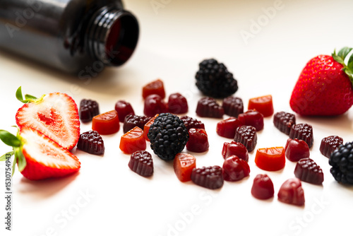 CAssorted berry-shaped gummy vitamins scattered with fresh strawberries and blackberries next to a dark bottle. Bright composition with a healthy, playful summer feel.